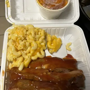 BBQ Pork Ribs Dinner with Mac n cheese and yams