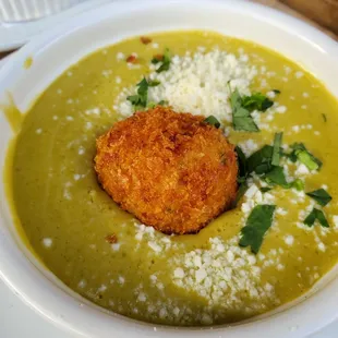 Roasted Poblano Soup with Mashed Potato Ball. Get this or you&apos;ll be sorry.