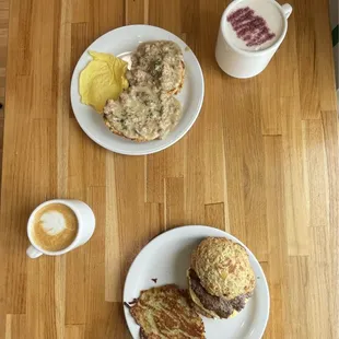 411 sandwich, biscuits and gravy, chai latte, cappuccino