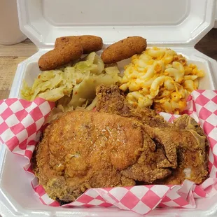 Fried pork chops, mac &amp; cheese and cabbage