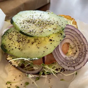 The other half of my open faced Kathy bagel sandwich. THE BEST. All that salt &amp; pepper does somethin to ya