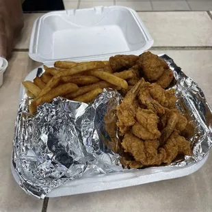 Pick three with fries. Crab cakes, shrimp, chicken tenders and an extra side of garlic corn.