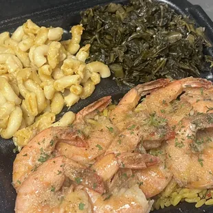 Garlic Shrimp w/Yellow Rice Mac n Cheese and Collard Greens
