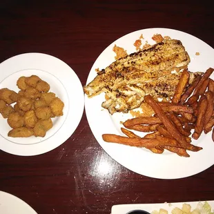 Grilled flounder with sweet potato fries and fried okra
