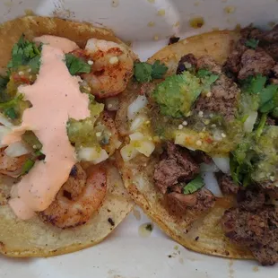 Shrimp taco and carne asada taco