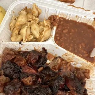 Burnt ends, baked beans, Mac and cheese