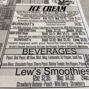a menu for ice cream