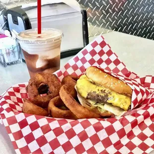 Lew's Cheeseburger with Onion Rings and a Chocolate Shake