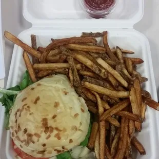 Mushroom Swiss burger and fries