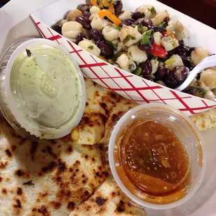 Veggie quesadilla and hominy &amp; black bean salad.
