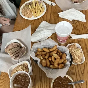 Chopped pork, Hush puppies Fry's, Baked beans