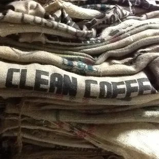 a stack of coffee bags