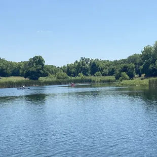 Lake view with kayakers.