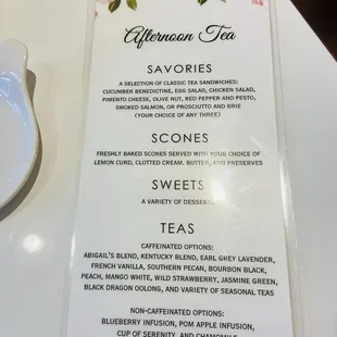 Afternoon tea menu.