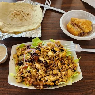 Greek salad with chicken &amp; baklava