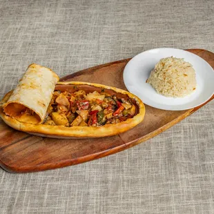 a burrito and rice dish
