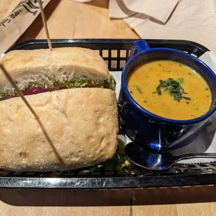 Veggie sandwich and quinoa squash soup