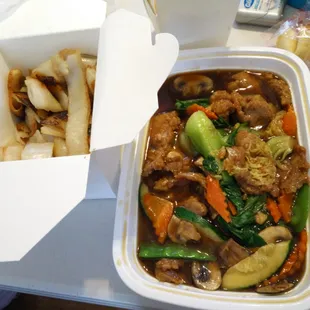 Beef chow fun to go. Separates the noodle so there still some crisp. Yummy