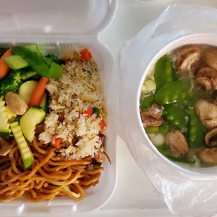 Steamed Veggie with Chow Mein &amp; Fried Rice, Egg Drop Soup