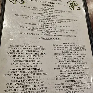 menu 1.....st. patty's day menu on Sunday