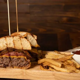 a cheeseburger and fries