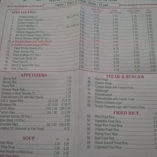 the menu for the restaurant