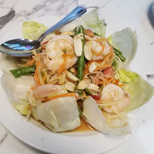 Green Papaya salad + shrimp. Bomb diggity level 3 heat was for us