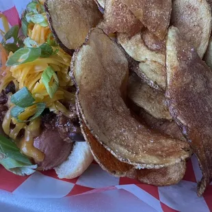 House dog is REALLY GOOD. Homemade chips, fresh out of the frier, also REALLY REALLY GOOD.