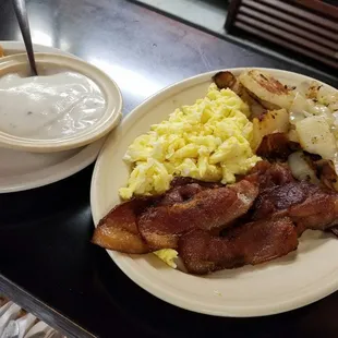 #2 special 2 eggs
your choice of bacon, ham, or sausage. 
fried taters w/ or w/out onions
toast or biscuit and gravy. 
all for $5.25