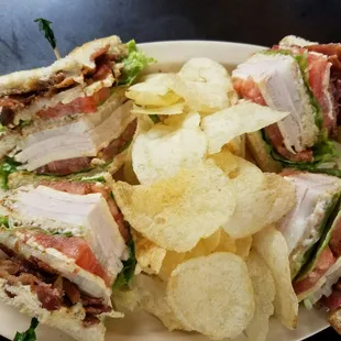 turkey club. includes turkey (or ham) bacon, lettuce, tomato, cheese, and salad dressing. 
served with chips.