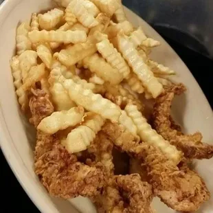 home made hand battered chicken strips  (available in spicy) and crinkle cut fries (available seasoned fries).