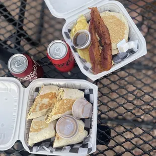 Build your own breakfast burritos and the pancake platter.