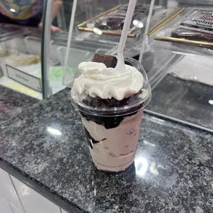 Brownie sundae with cookie dough ice cream