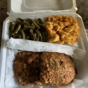Pork Chop Dinner w/ green beans and Mac and cheese