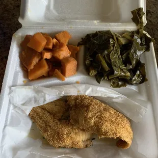 Catfish Dinner w/ yams and greens