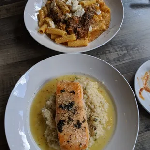 Top: braised beef with vodka sauce and salmon risotto. Recommend any pasta with vodka sauce. The risotto was underwhelming