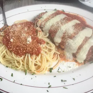 Eggplant Parmigiana with pasta.