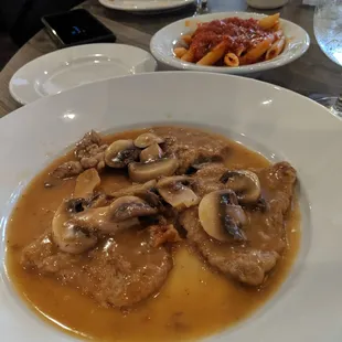 Veal masala with mushroom sauce and side of mini pasta