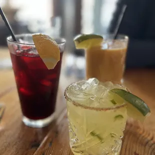 Hibiscus iced tea, seasonal fruit smoothie with mango and guava and a spicy margarita