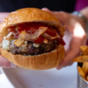 a hamburger and french fries