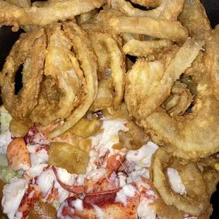 Lobster roll and onion rings.