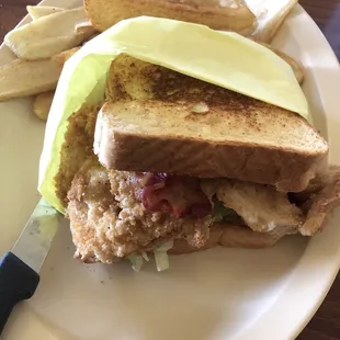 Homemade Chicken Sandwich with bacon &amp; fries . Yum!
