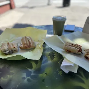 roast beef &amp; cheddar panini + vegan panini + iced matcha latte