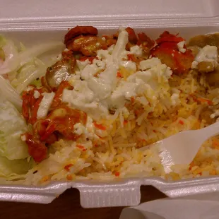 Chicken over rice with chic peas, salad and fetta cheese :)