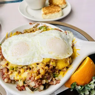Corned Beef Hash Omelette Breakfast with biscuit and gravy