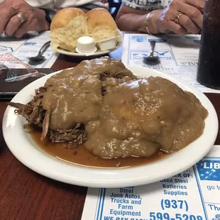 Gravy with roast beef and mashed potatoes under it! LOL