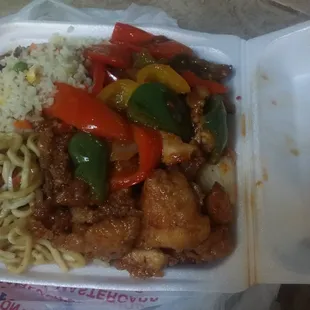 Fried rice chow mein orange chicken and "spicy chicken"