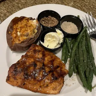 Grilled Salmon with green beans and a perfect-sized sweet potato (with butter, brown sugar and pecan crumble toppings on the side).