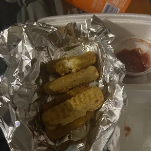 Sorry excuse for mozzarella sticks.
