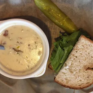 Half Chicken Salad sand which on wheat and loaded backed potato soup.